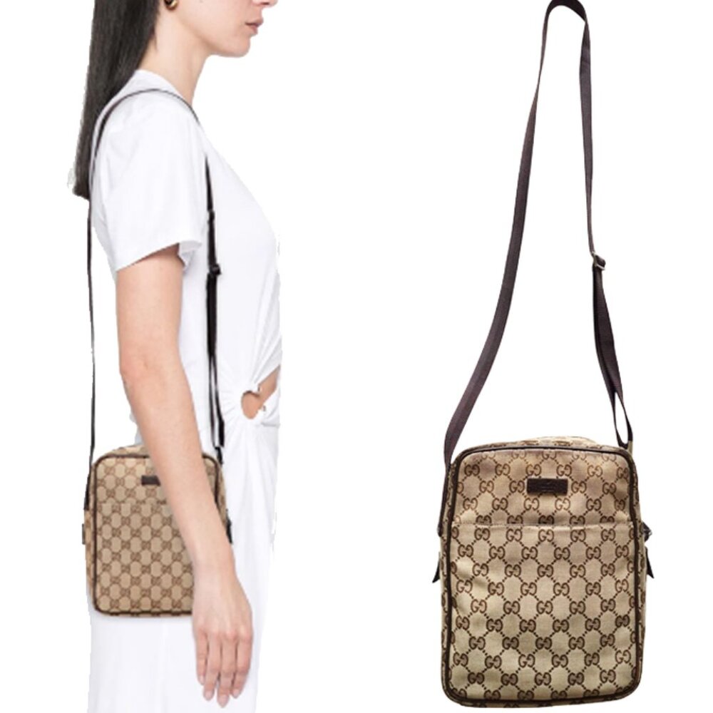 GUCCI Original GG Pattern Canvas Crossbody Camera Bag Classic Leather Trim